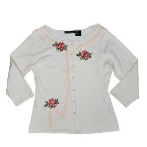 NicKnits by Nicole Miller silk blend feminine embroidered rose button cardigan